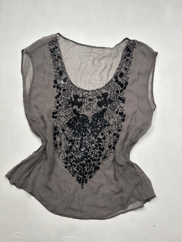 Khaki mesh pearls top (S/M)
