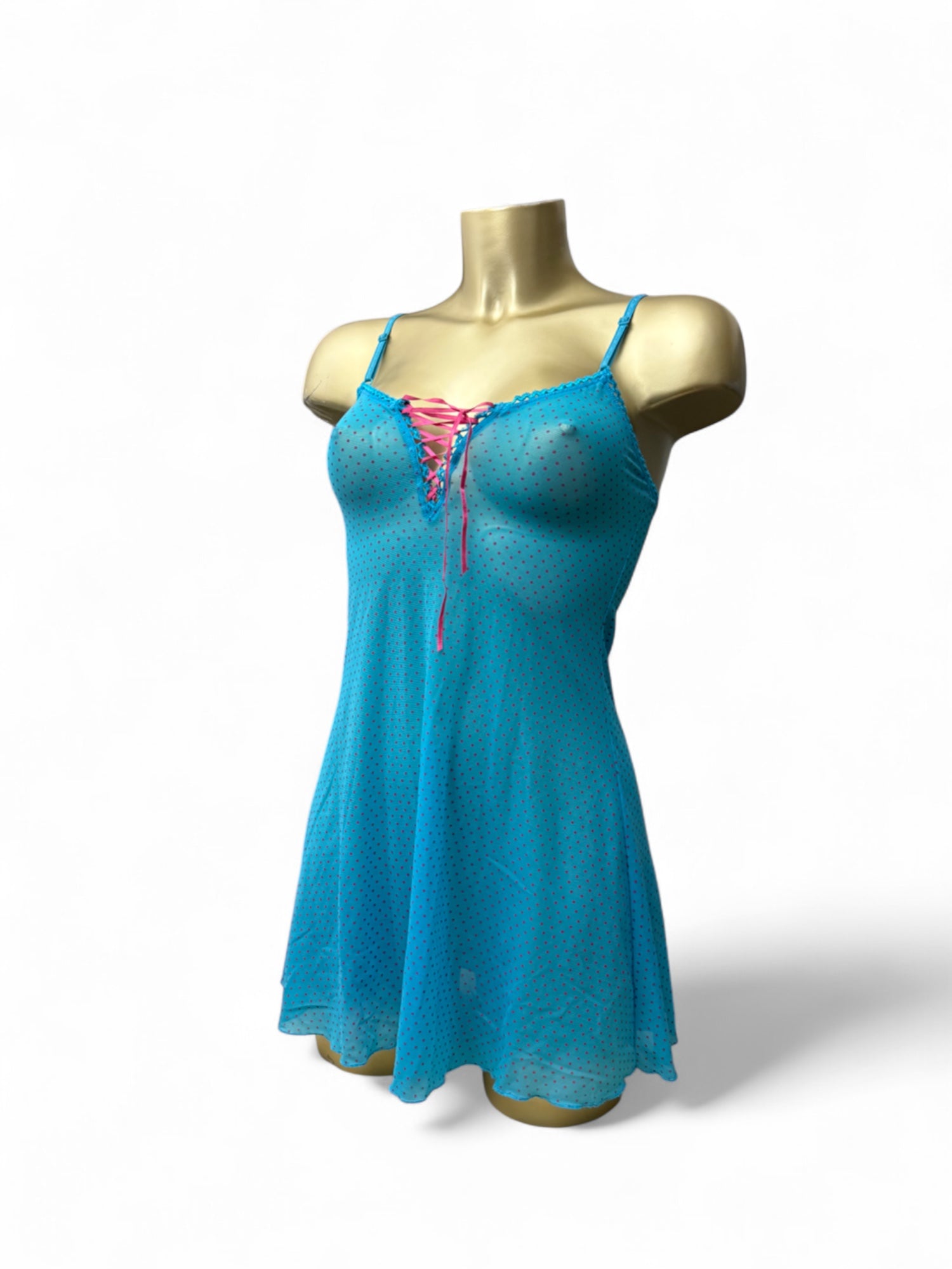 Polka dots mesh lace up babydoll mini dress (S)