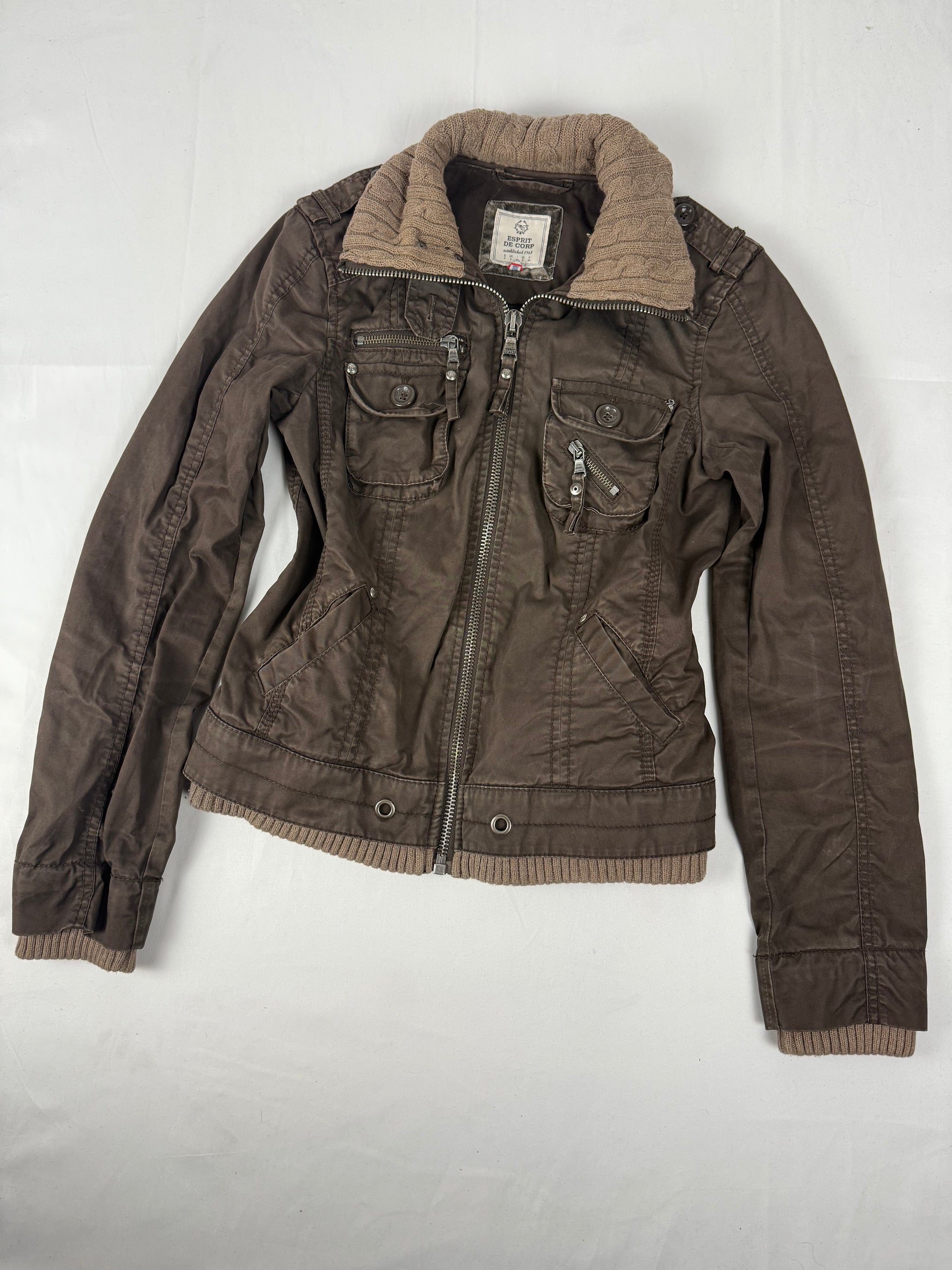 Khaki zip up biker jacket (S/M)