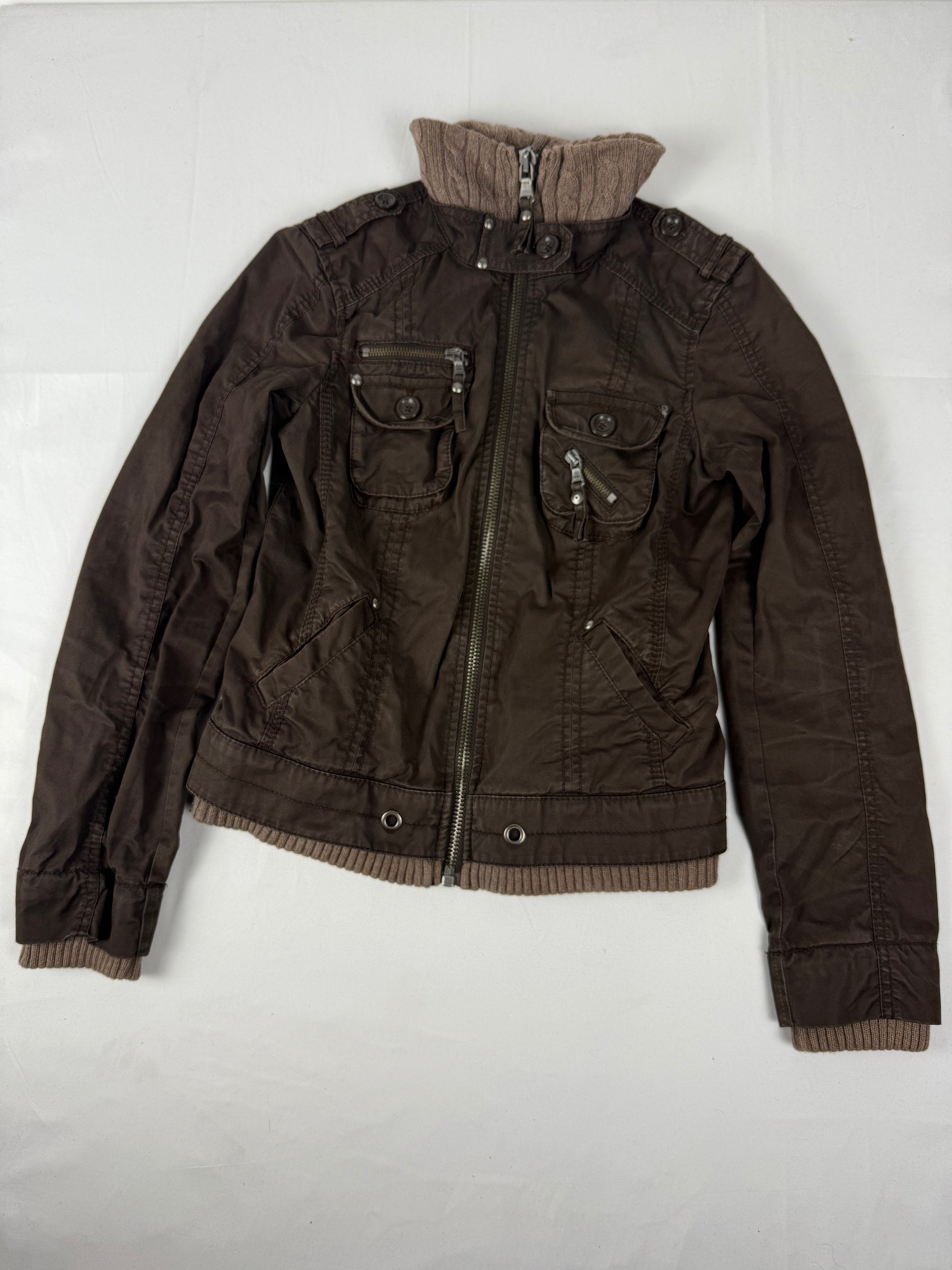 Khaki zip up biker jacket (S/M)