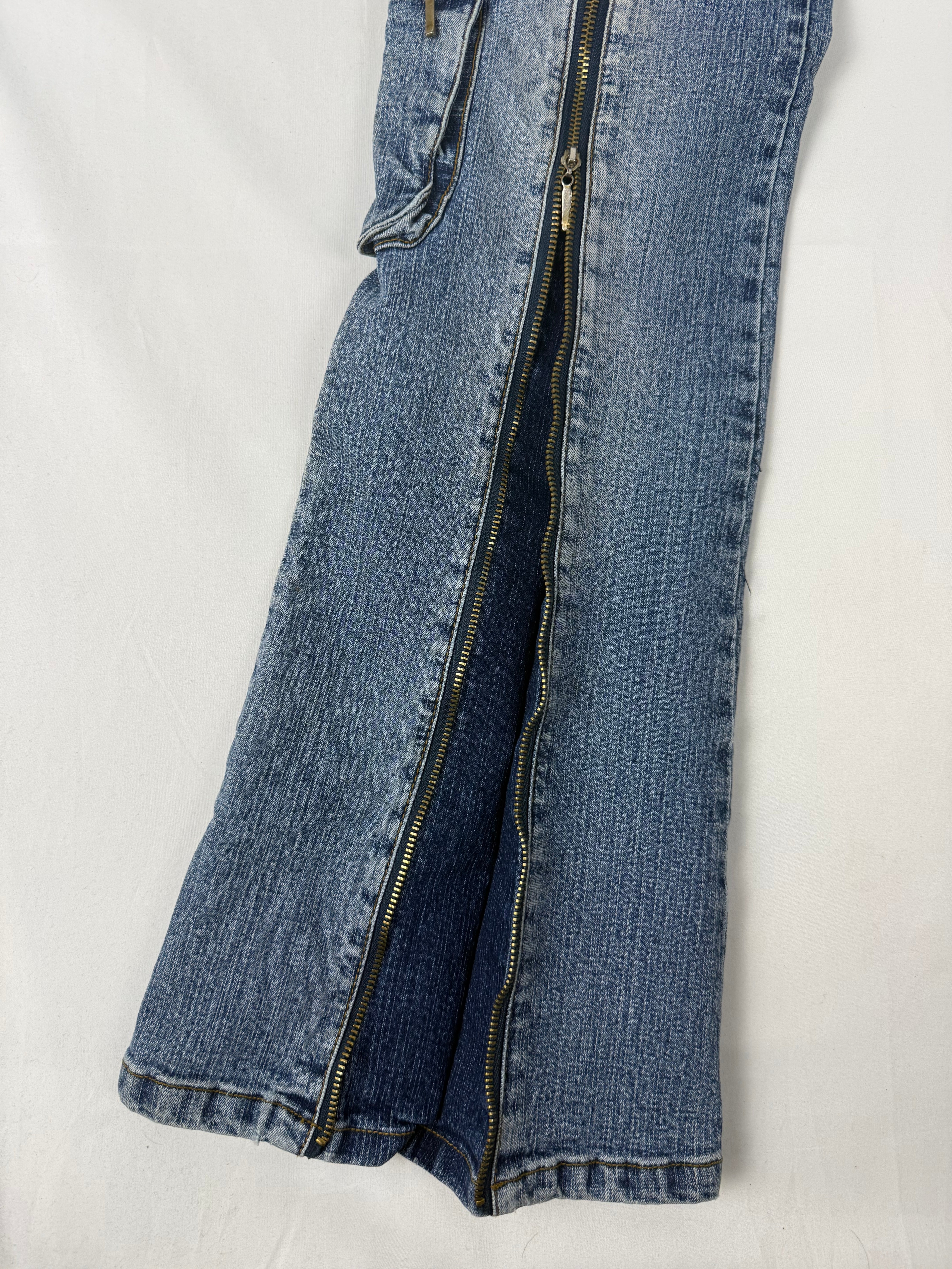 Blue denim low waist zip up flare pants (XS/S)