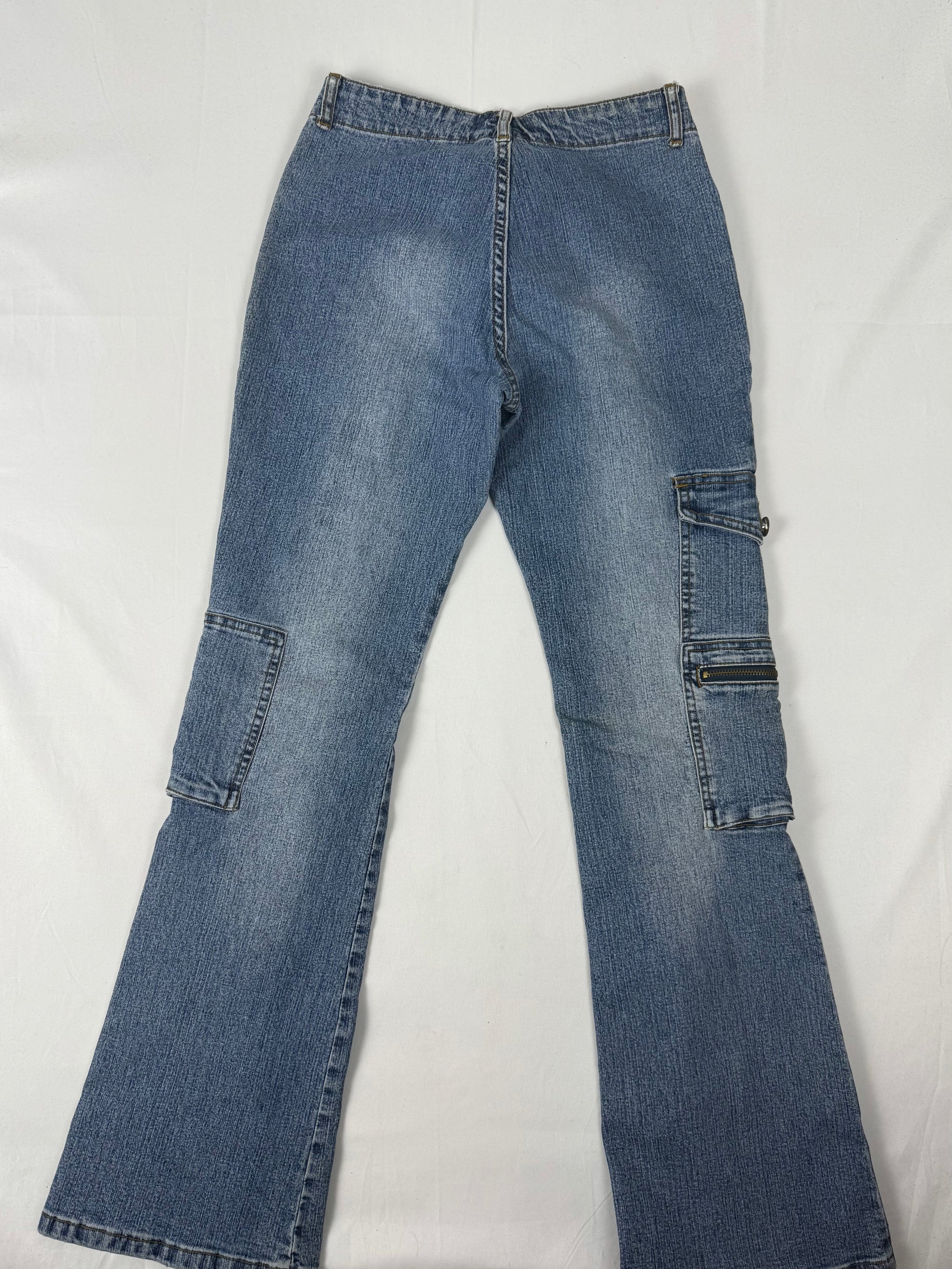 Blue denim low waist zip up flare pants (XS/S)