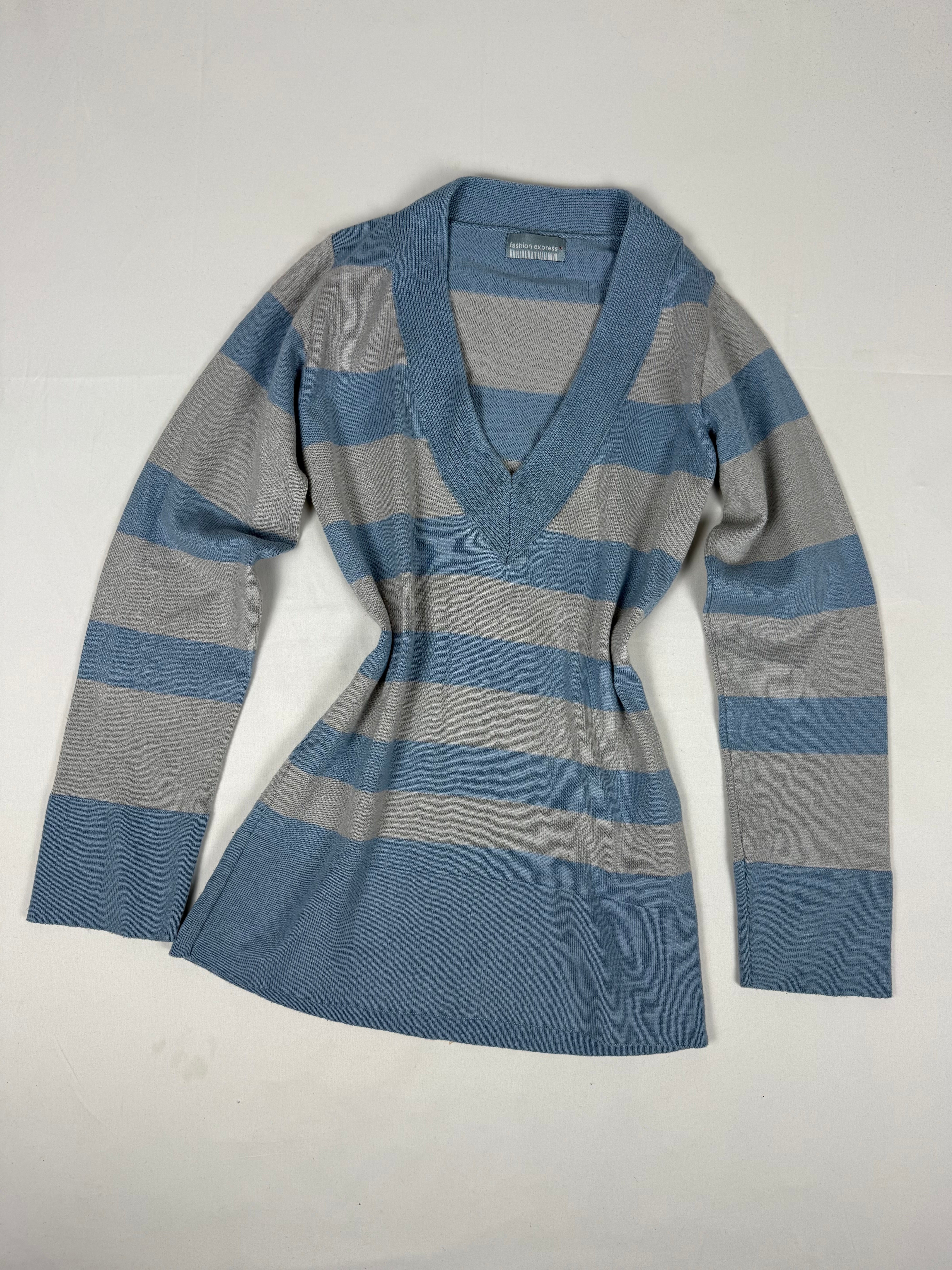 Blue striped V neck striped jumper (S/M)