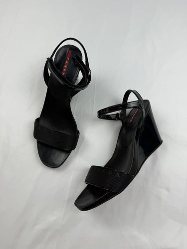 Black logo real leather wedge heels (37)