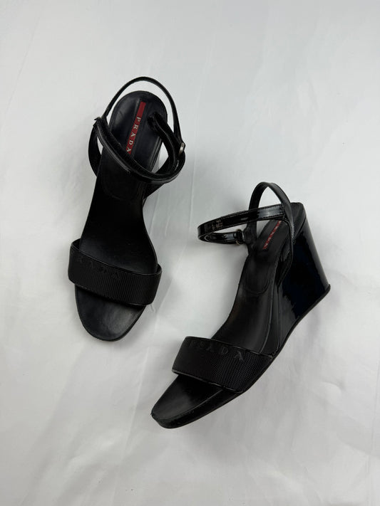 Black logo real leather wedge heels (37)