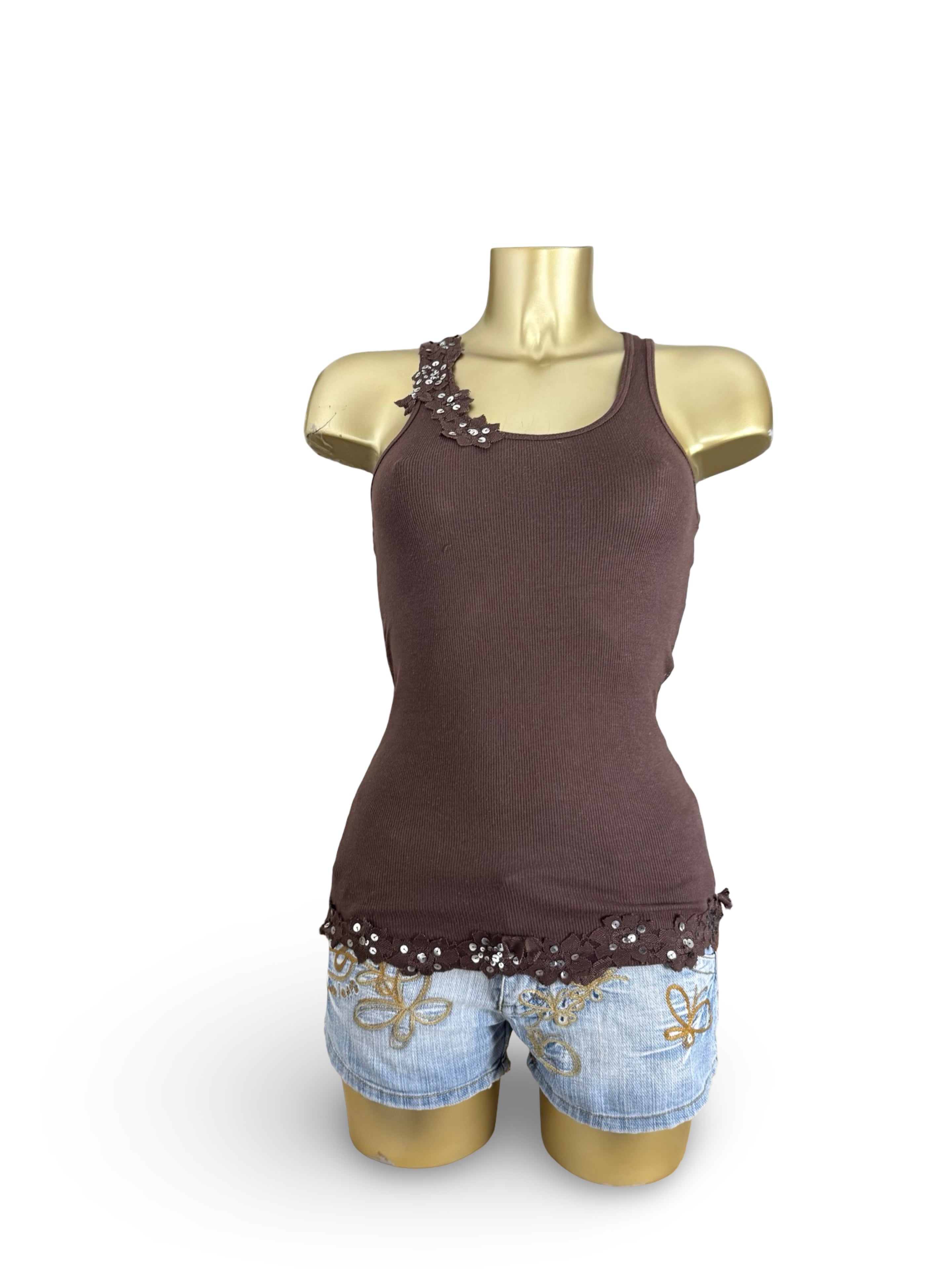 Brown ribbed sequins floral tank top (S/M)