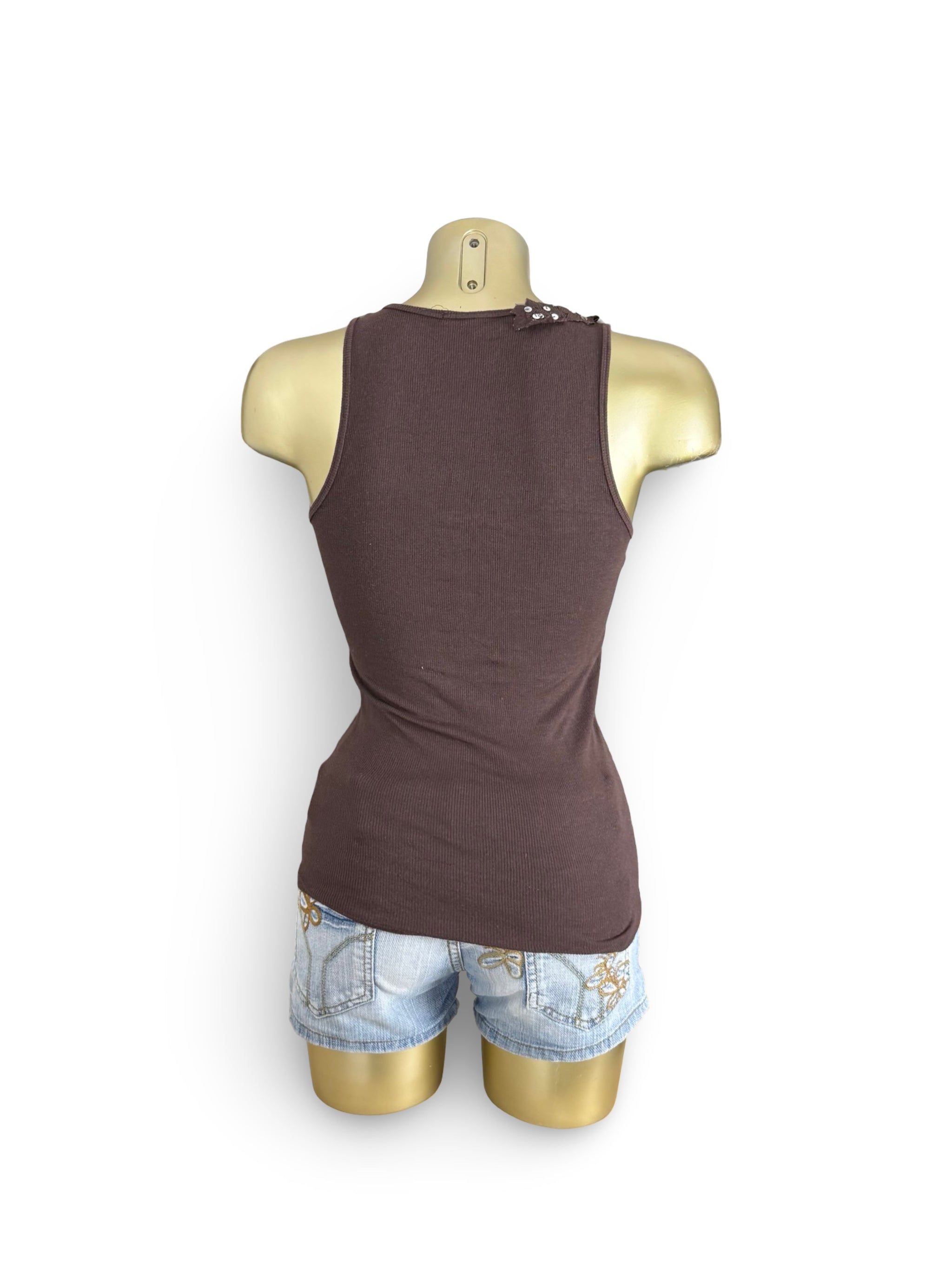 Brown ribbed sequins floral tank top (S/M)
