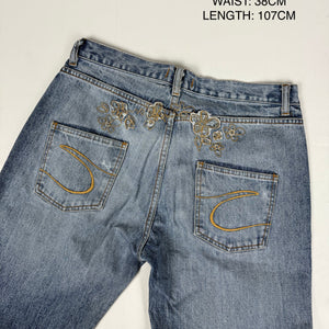 Blue denim low rise baggy pants (M)