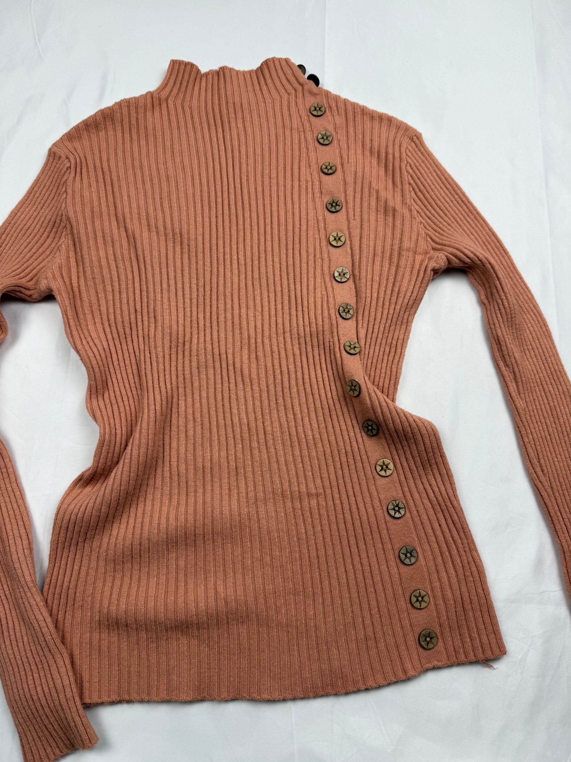 Orange ribbed buttons up high neck jumper (S/M)