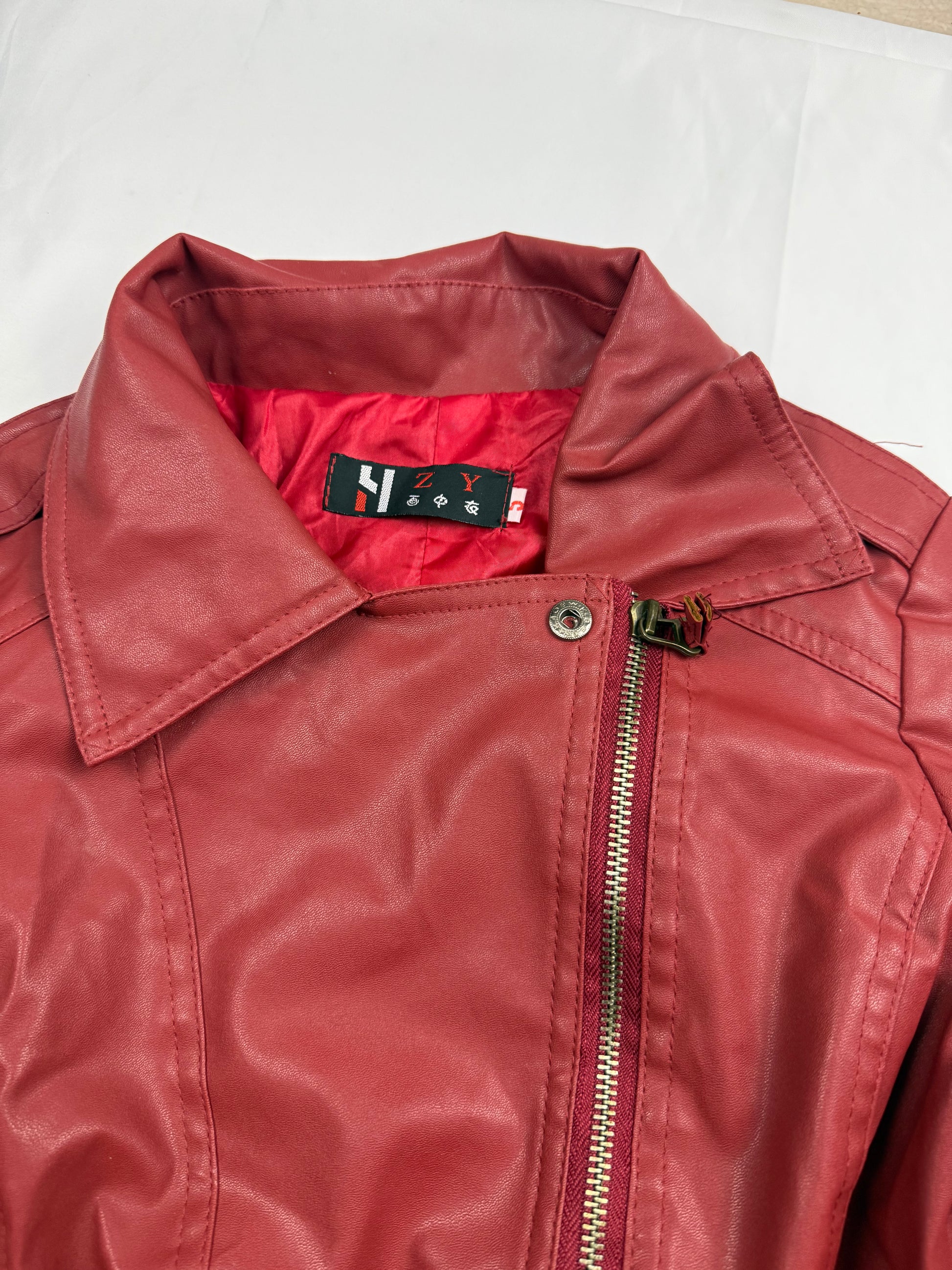 Red pvc leather zip up tight fit jacket (S)