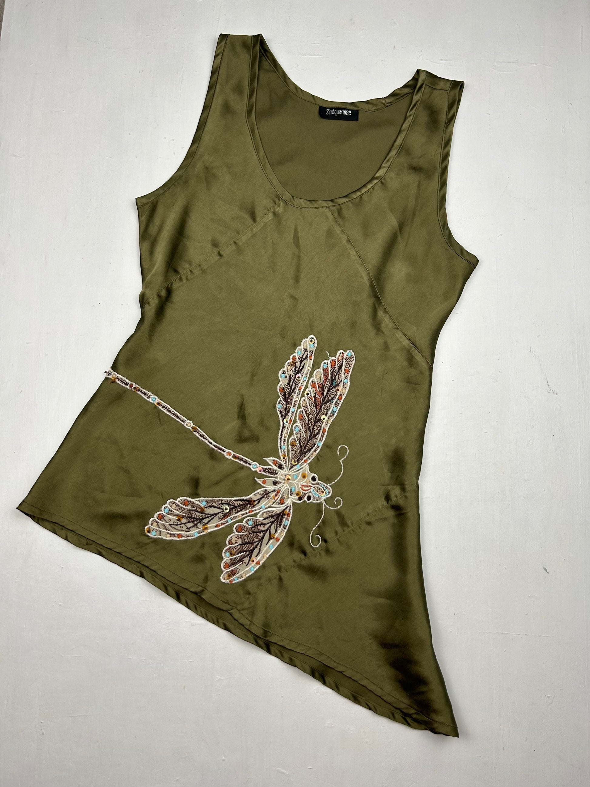 Khaki satin dragonfly asymmetric top (S)