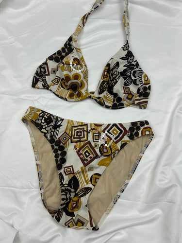 Beige graphic print bikini set (M)