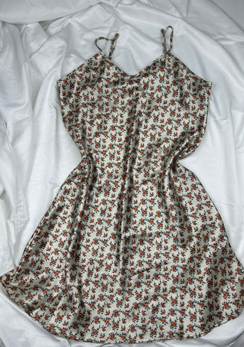 Cream floral print babydoll satin mini dress (M/L)