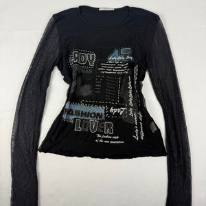 Black graphic top with mesh long sleeves (L)