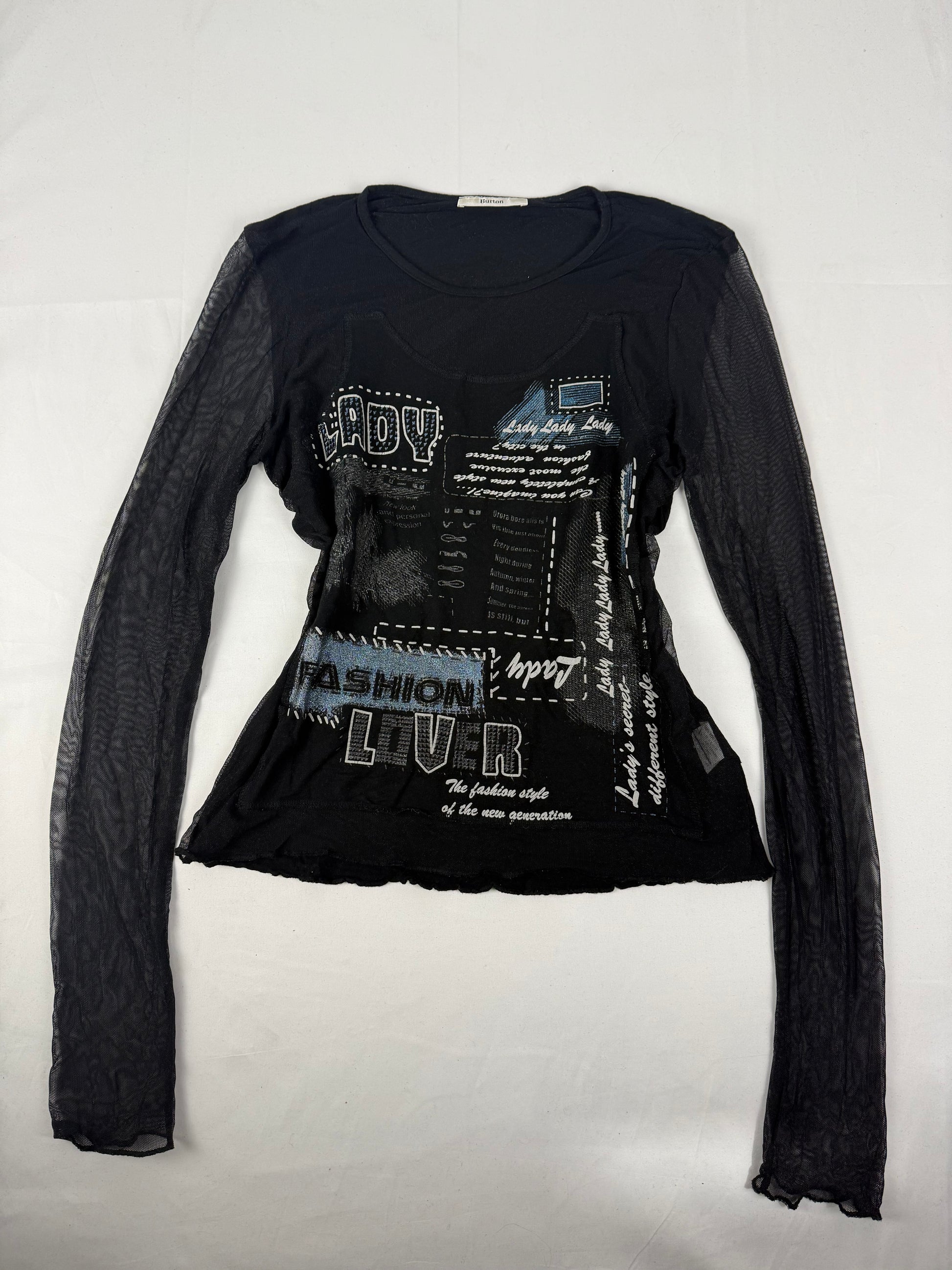Black graphic top with mesh long sleeves (L)