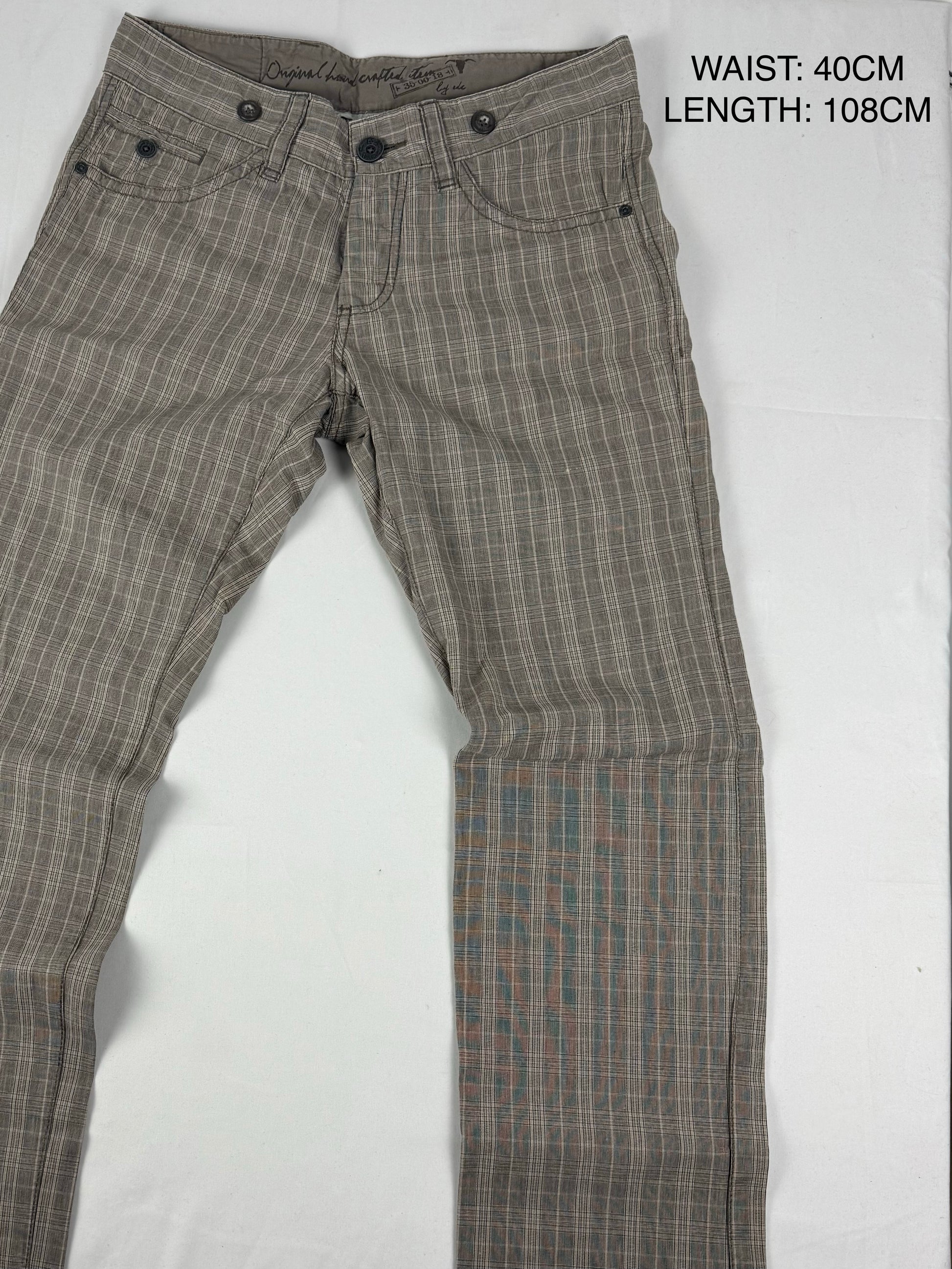 Brown check print low rise baggy pants (M)