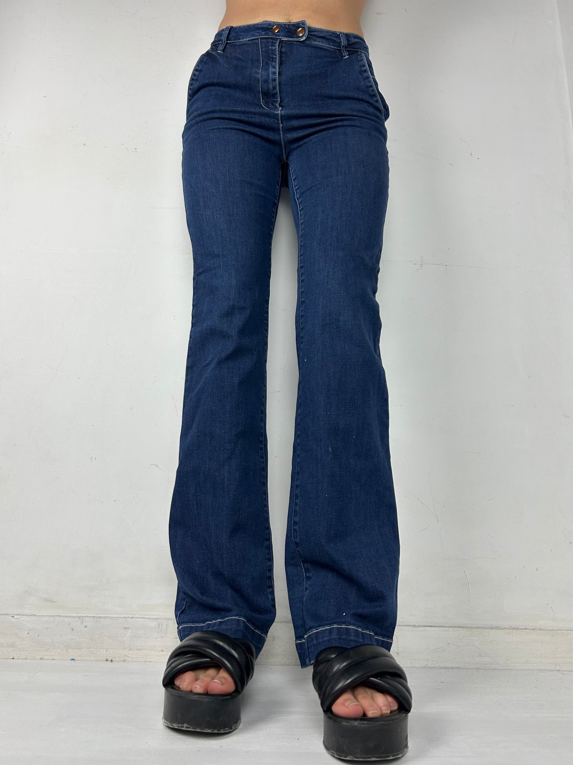 Blue denim stretchy low waist flare pants (XS/S)