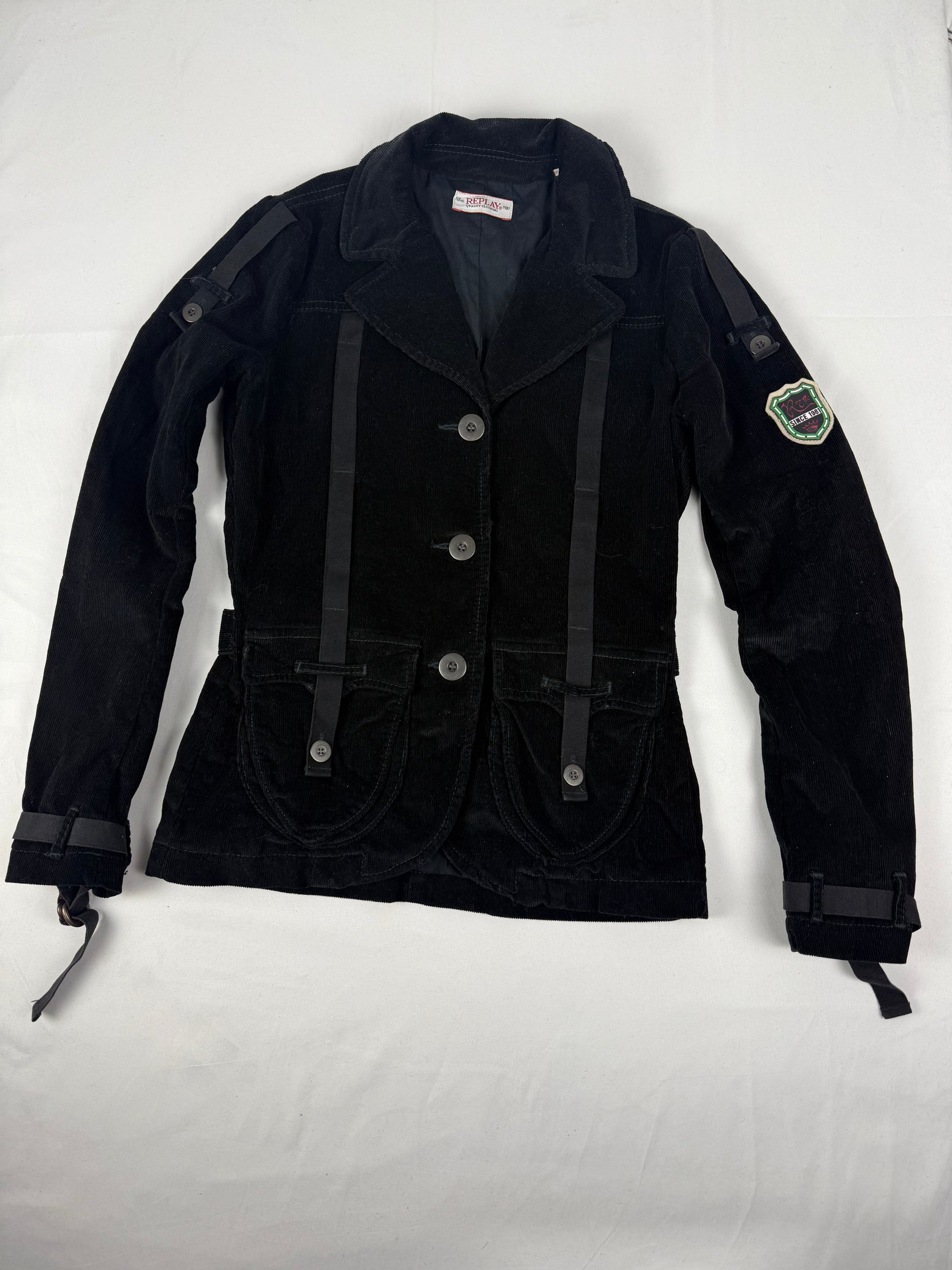 Black velvet ribbed biker jacket (S)