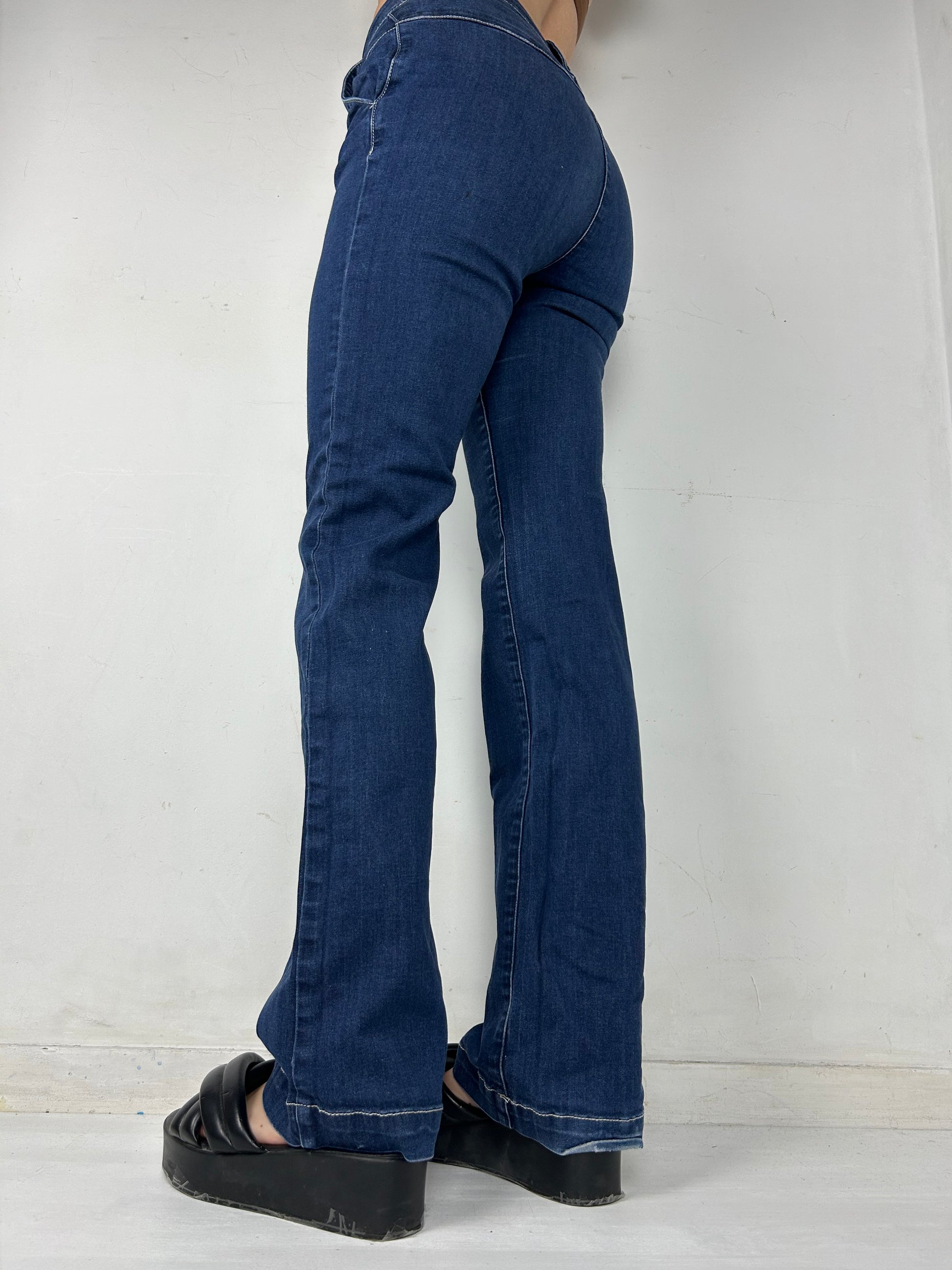 Blue denim stretchy low waist flare pants (XS/S)