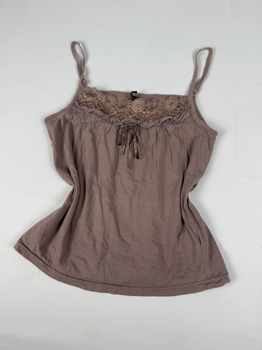 Beige 100% cotton lace neck cami top (L)