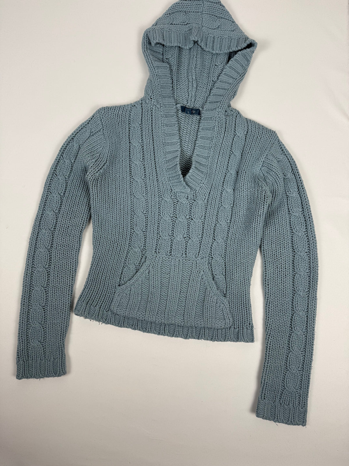 Blue knitted hooded jumper (L)