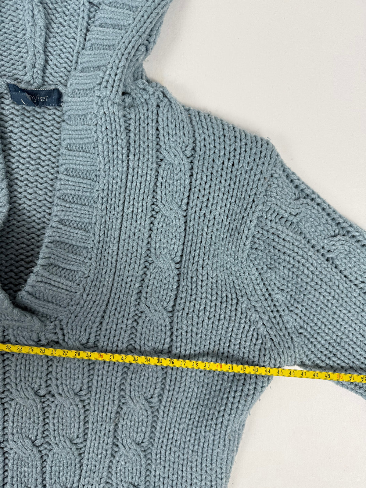 Blue knitted hooded jumper (L)