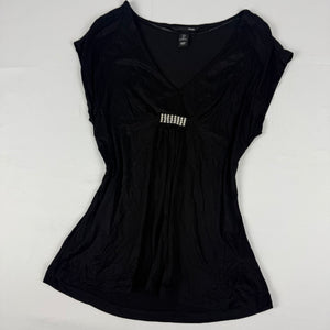 Black tight fit V neck rhinestones tee (S)