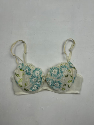 White floral print embroidered lace balcony bra (85B)