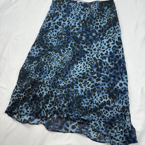 Panther print blue mesh lined low rise midi skirt (S)
