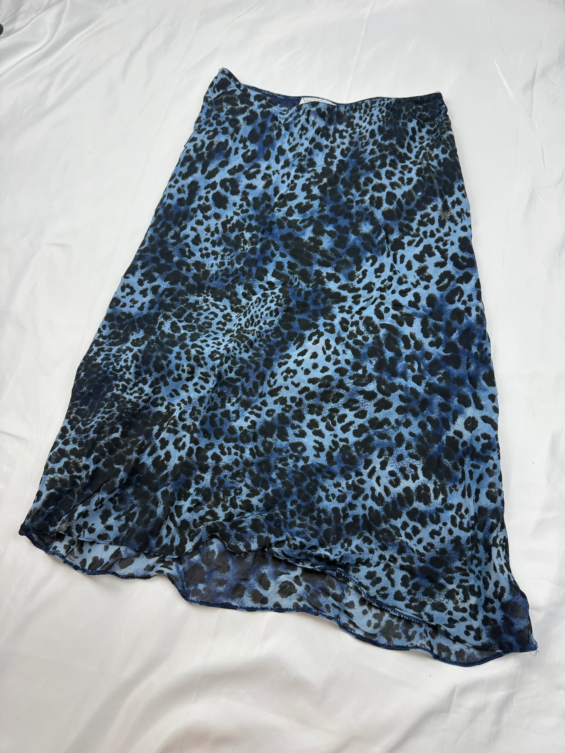 Panther print blue mesh lined low rise midi skirt (S)