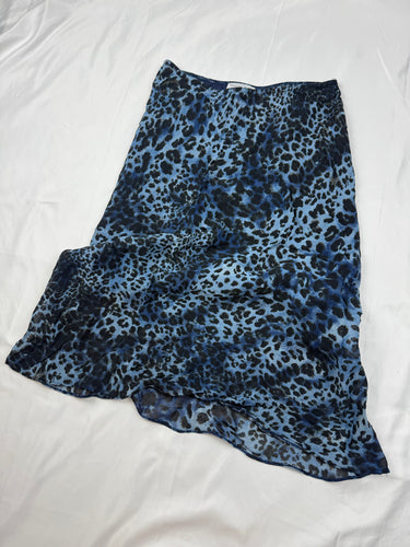 Panther print blue mesh lined low rise midi skirt (S)