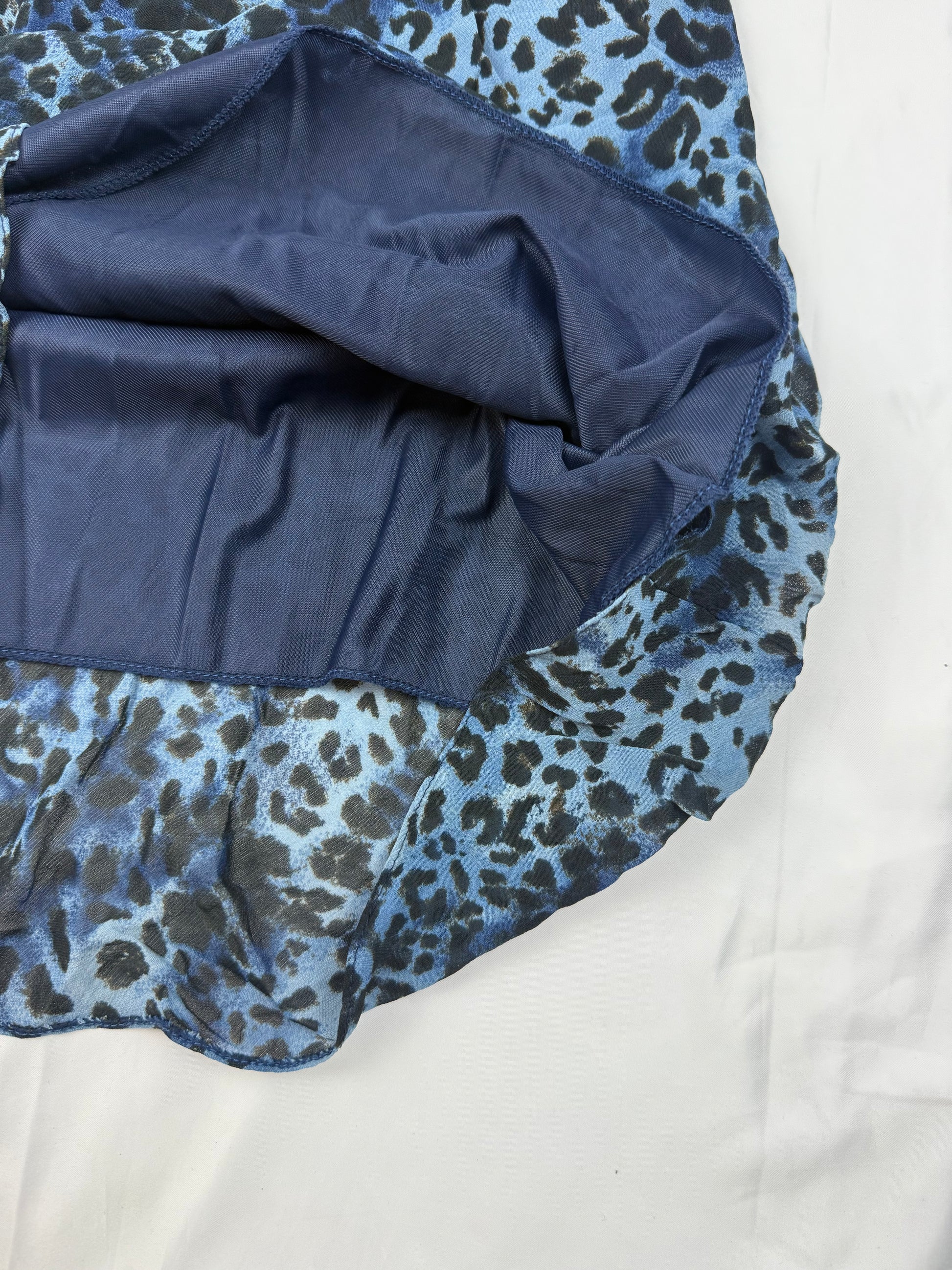 Panther print blue mesh lined low rise midi skirt (S)