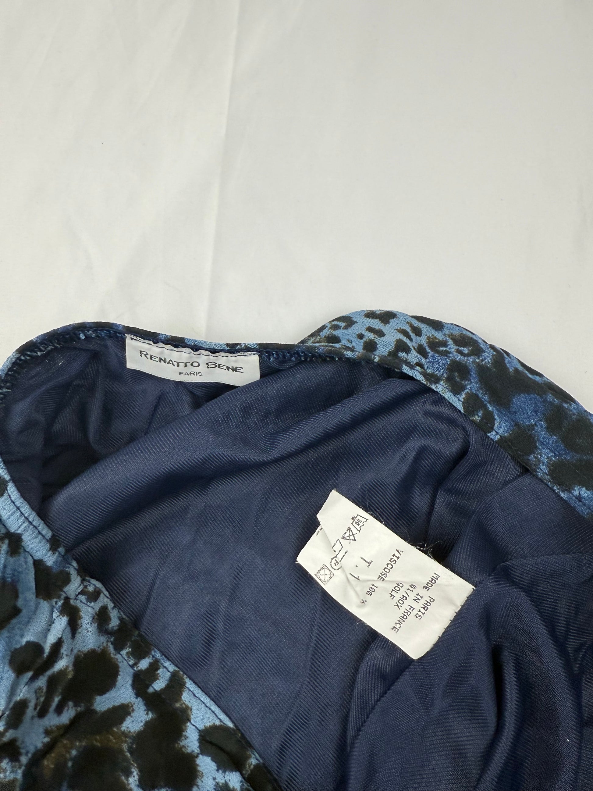 Panther print blue mesh lined low rise midi skirt (S)