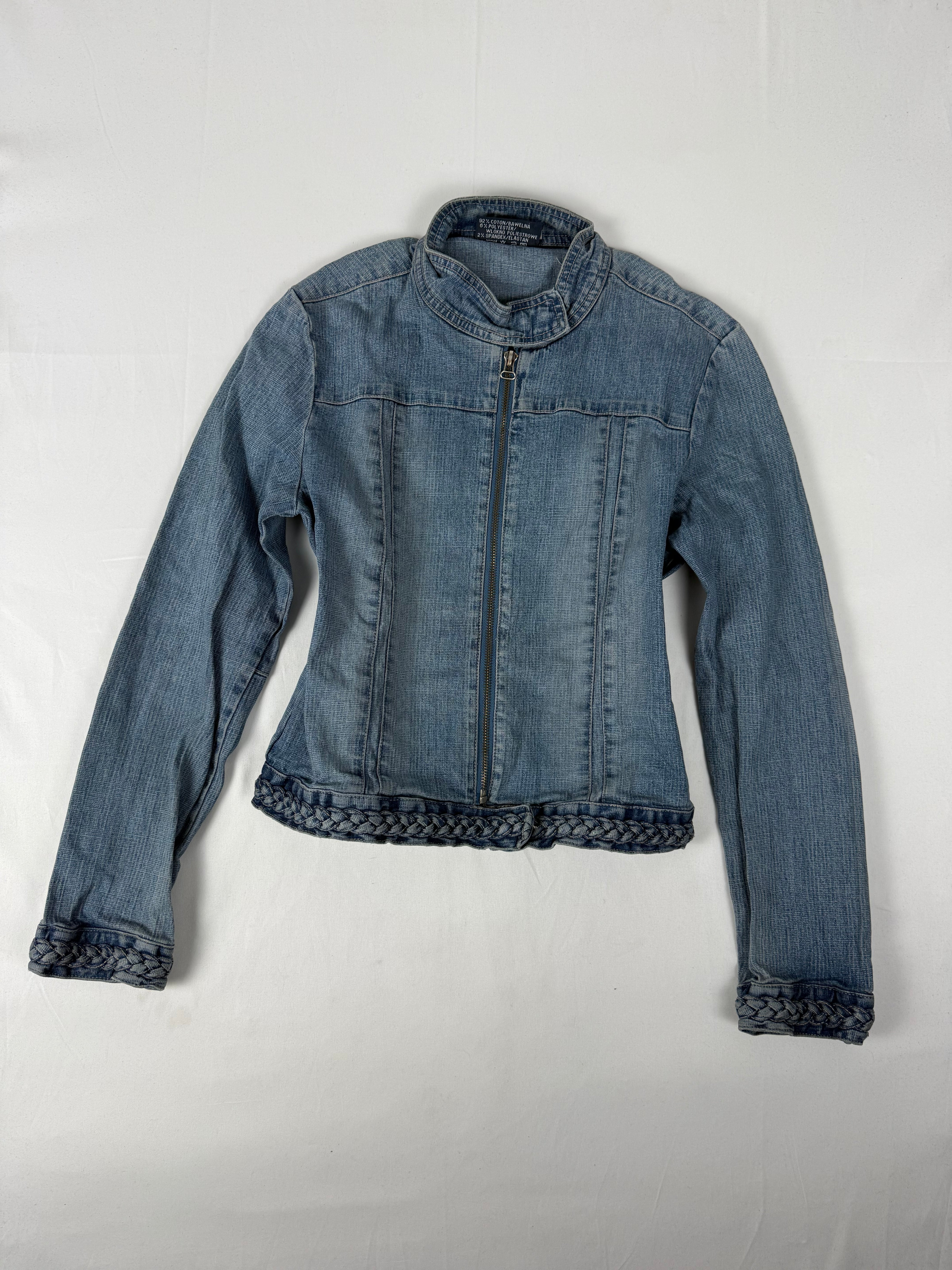 Blue denim tight fit zip up biker jacket (S/M)