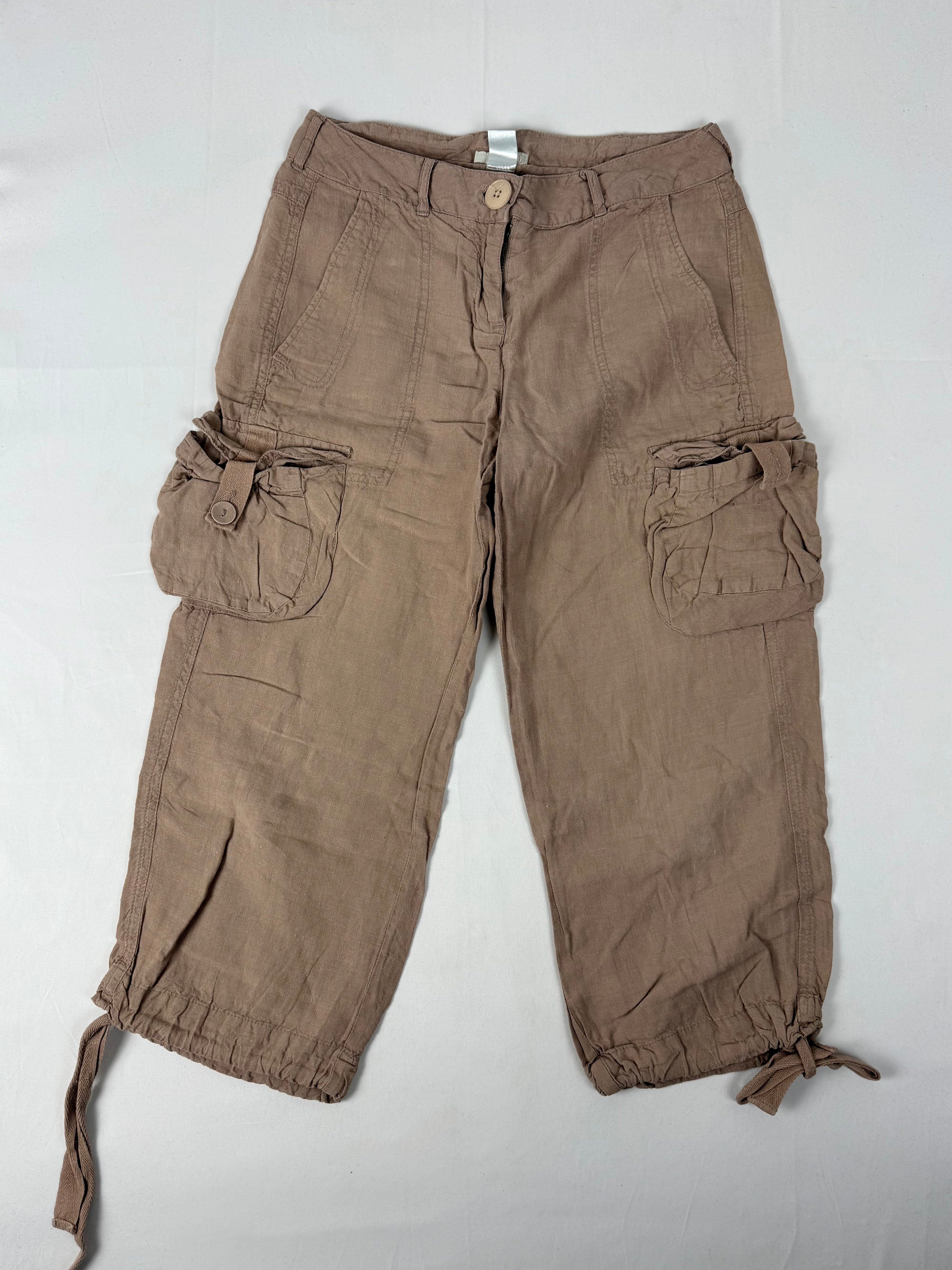 Brown 100% linen utility low rise capri pants (M)