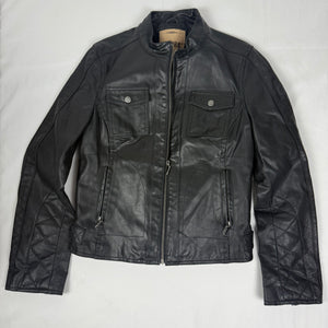 Black real leather zip up biker jacket (M)