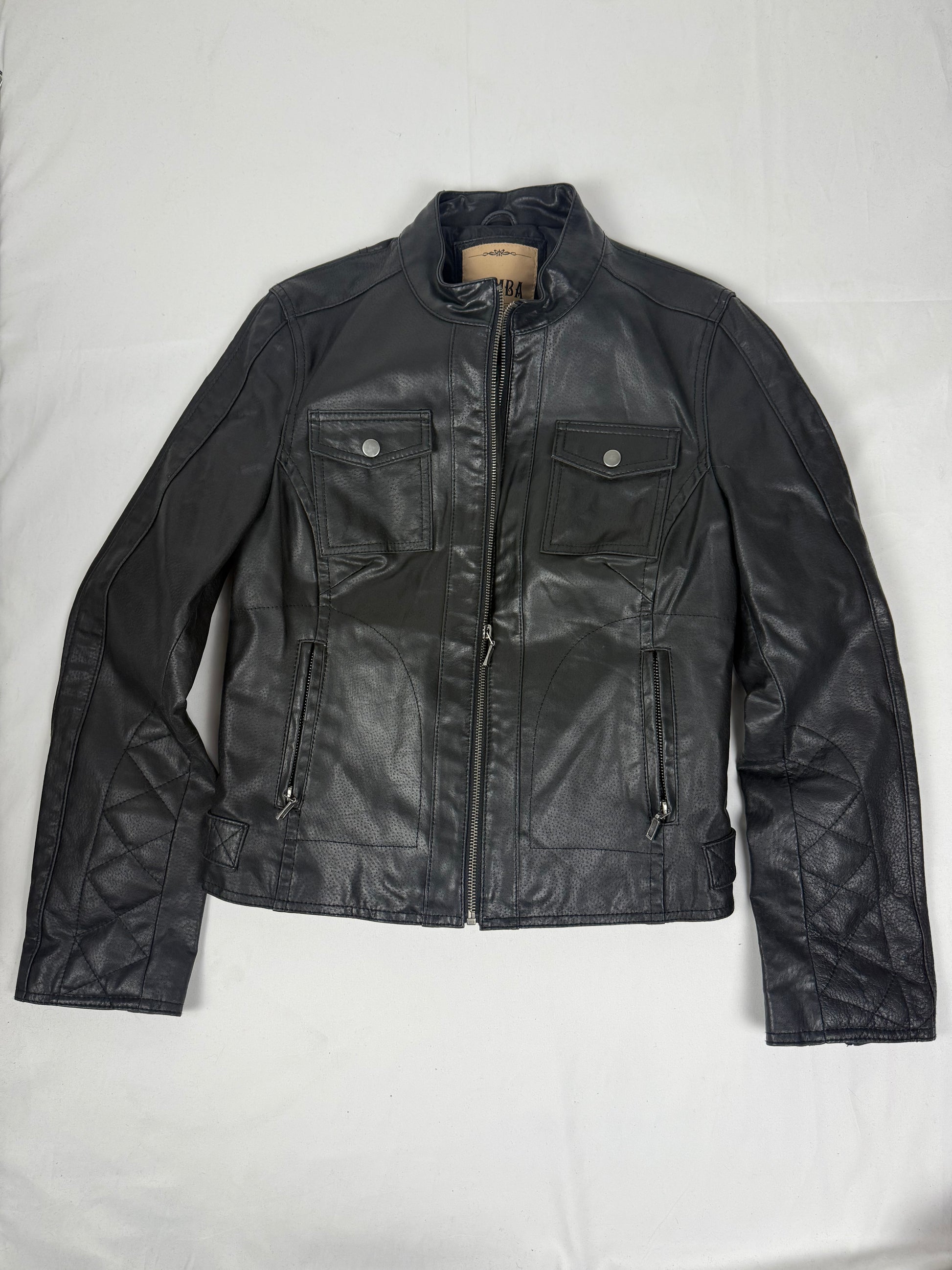 Black real leather zip up biker jacket (M)