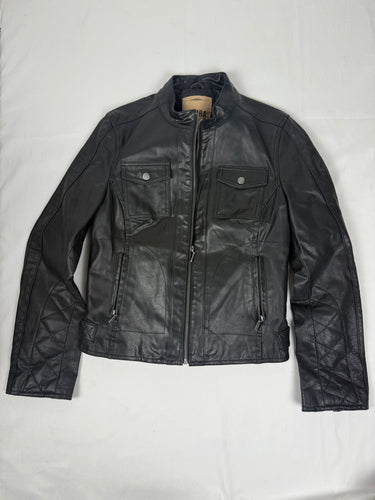Black real leather zip up biker jacket (M)