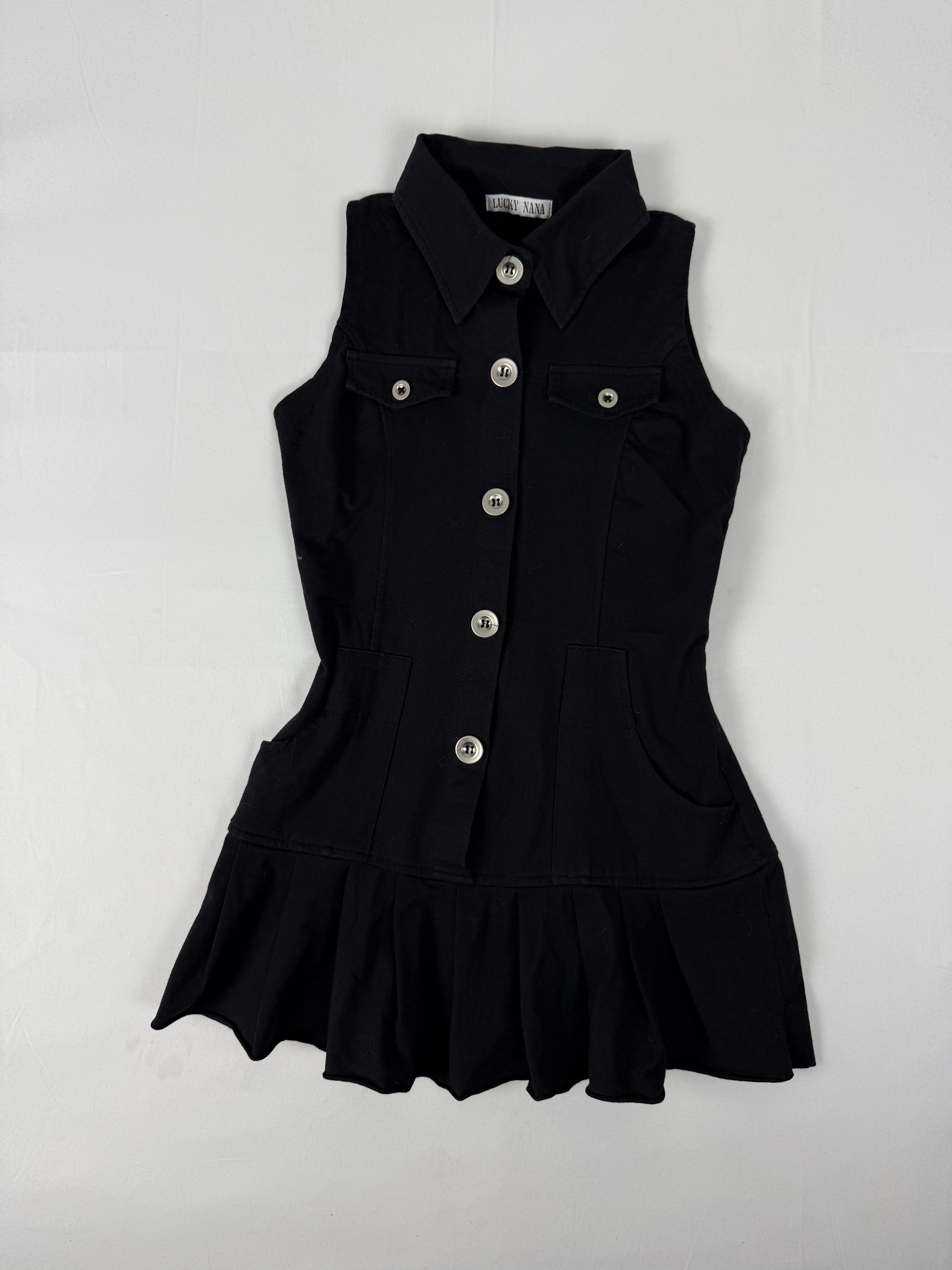 Black buttons up pleated mini dress top (S)