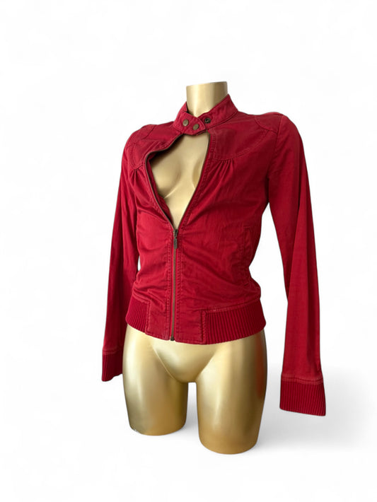 Red denim zip up biker jacket (S)
