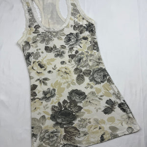 White cream floral ribbed cotton tank top (S)