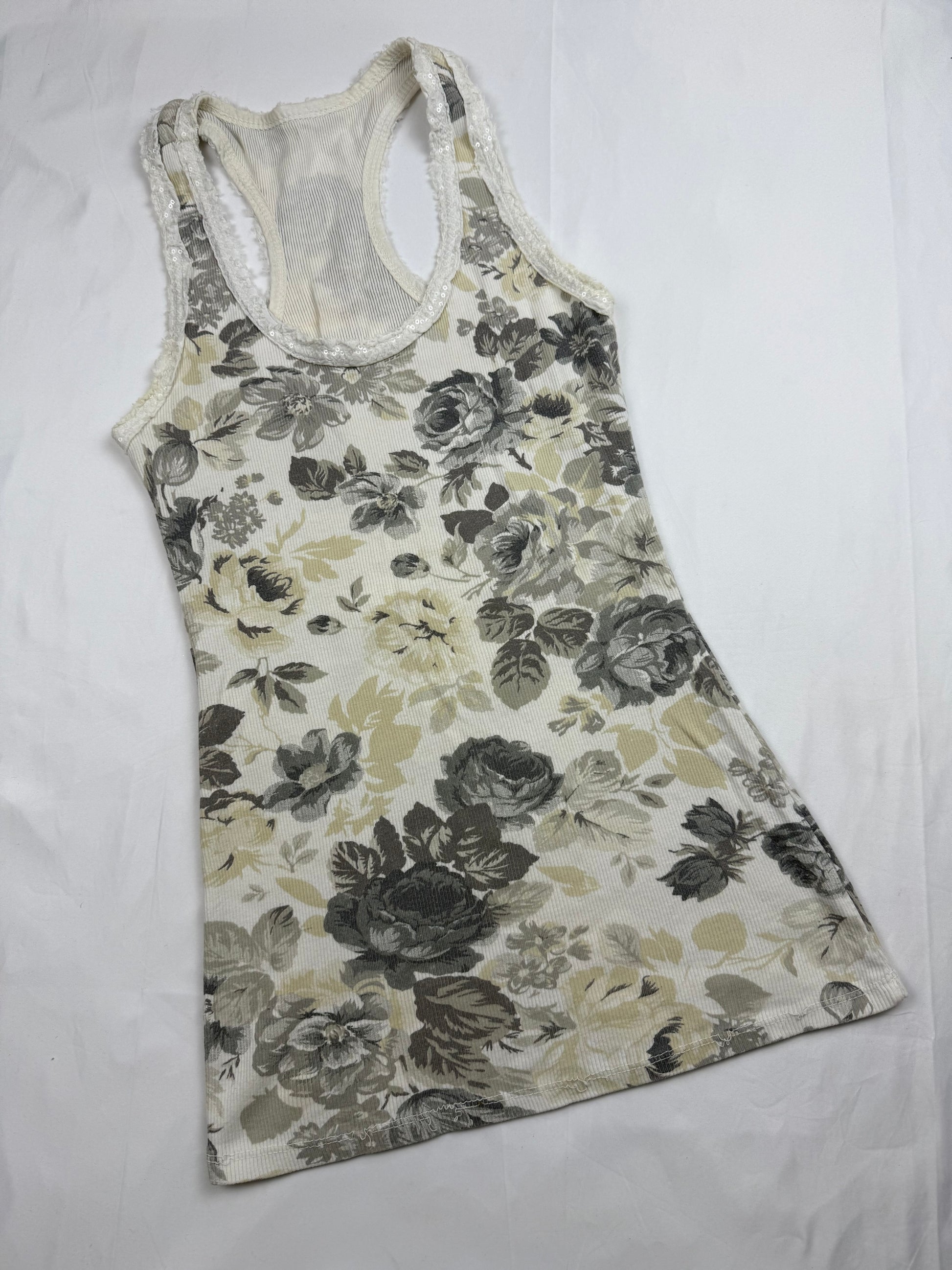 White cream floral ribbed cotton tank top (S)