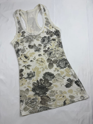 White cream floral ribbed cotton tank top (S)