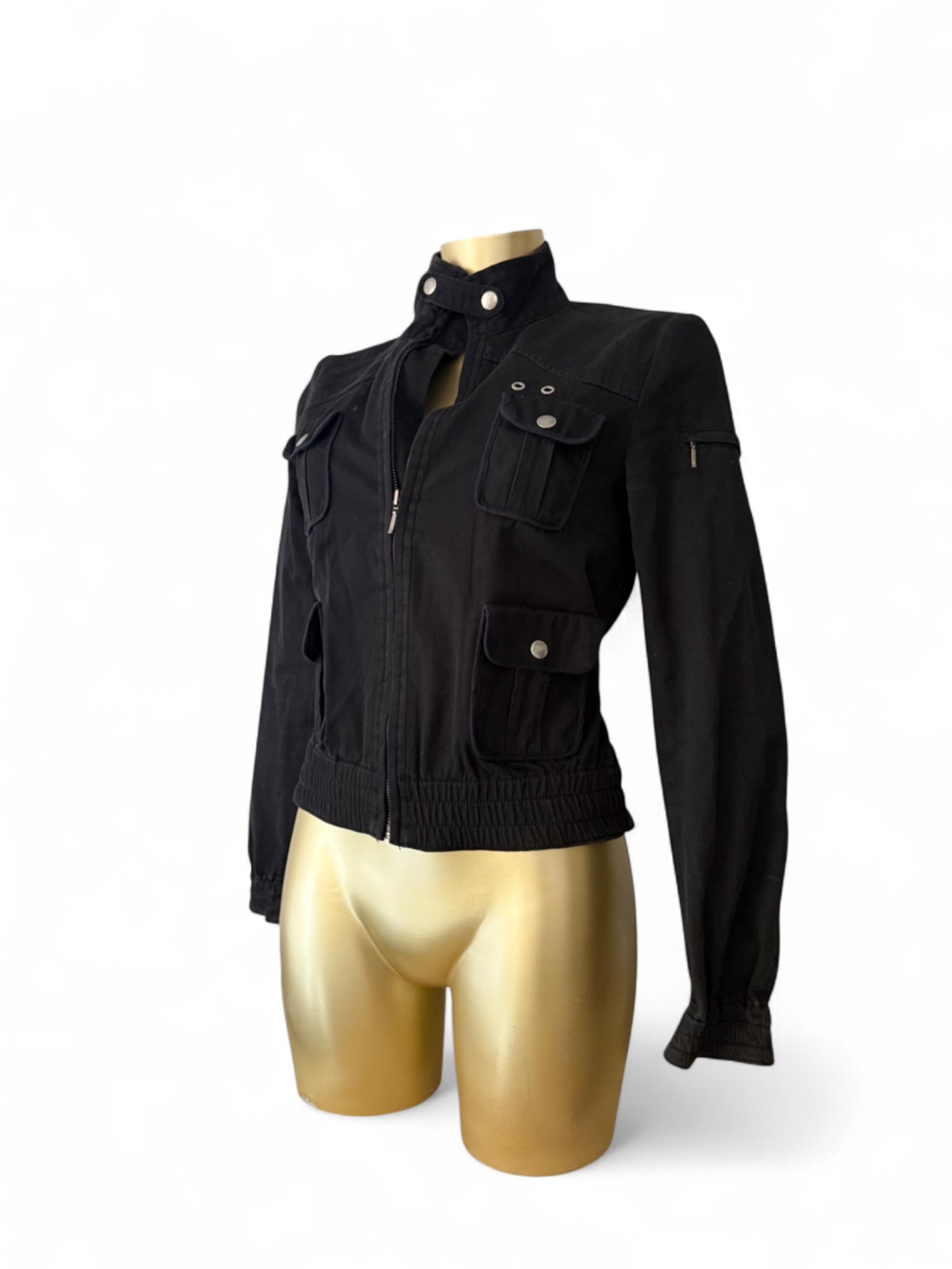Black denim zip up biker jacket (XS/S)