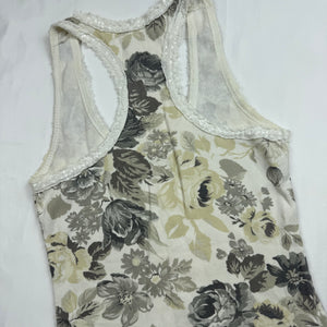 White cream floral ribbed cotton tank top (S)