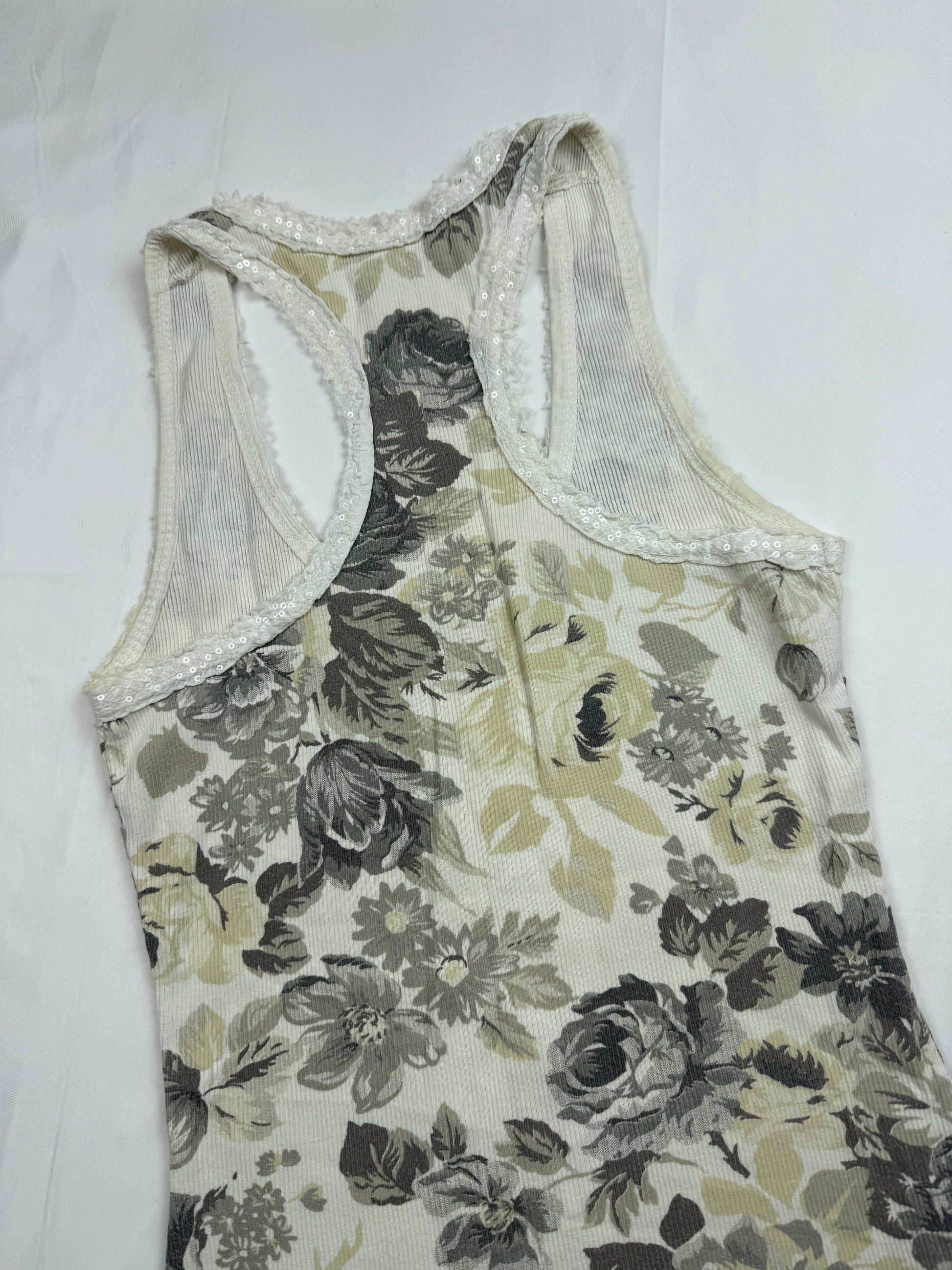 White cream floral ribbed cotton tank top (S)