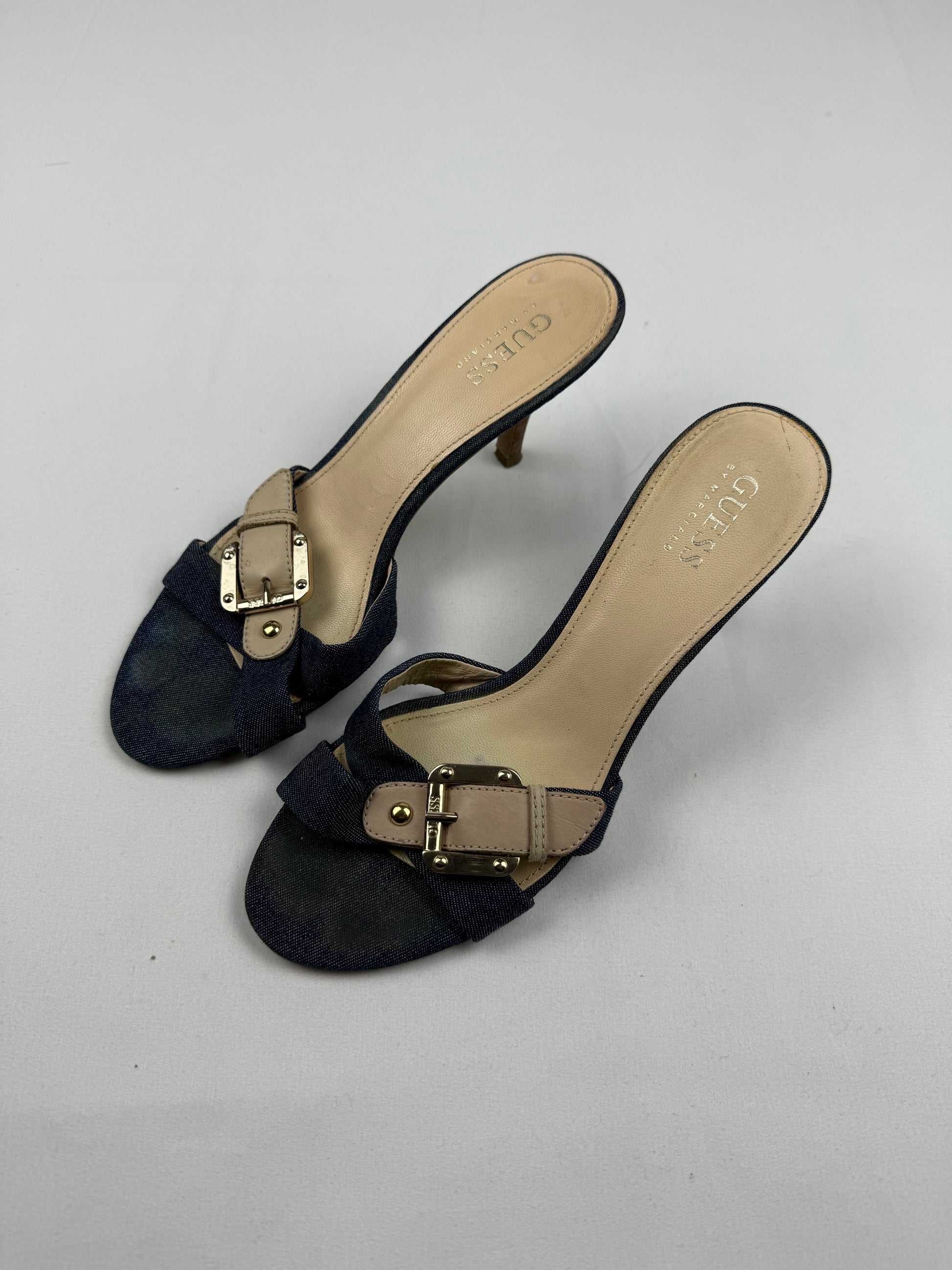 Navy denim buckle mules heels (36)