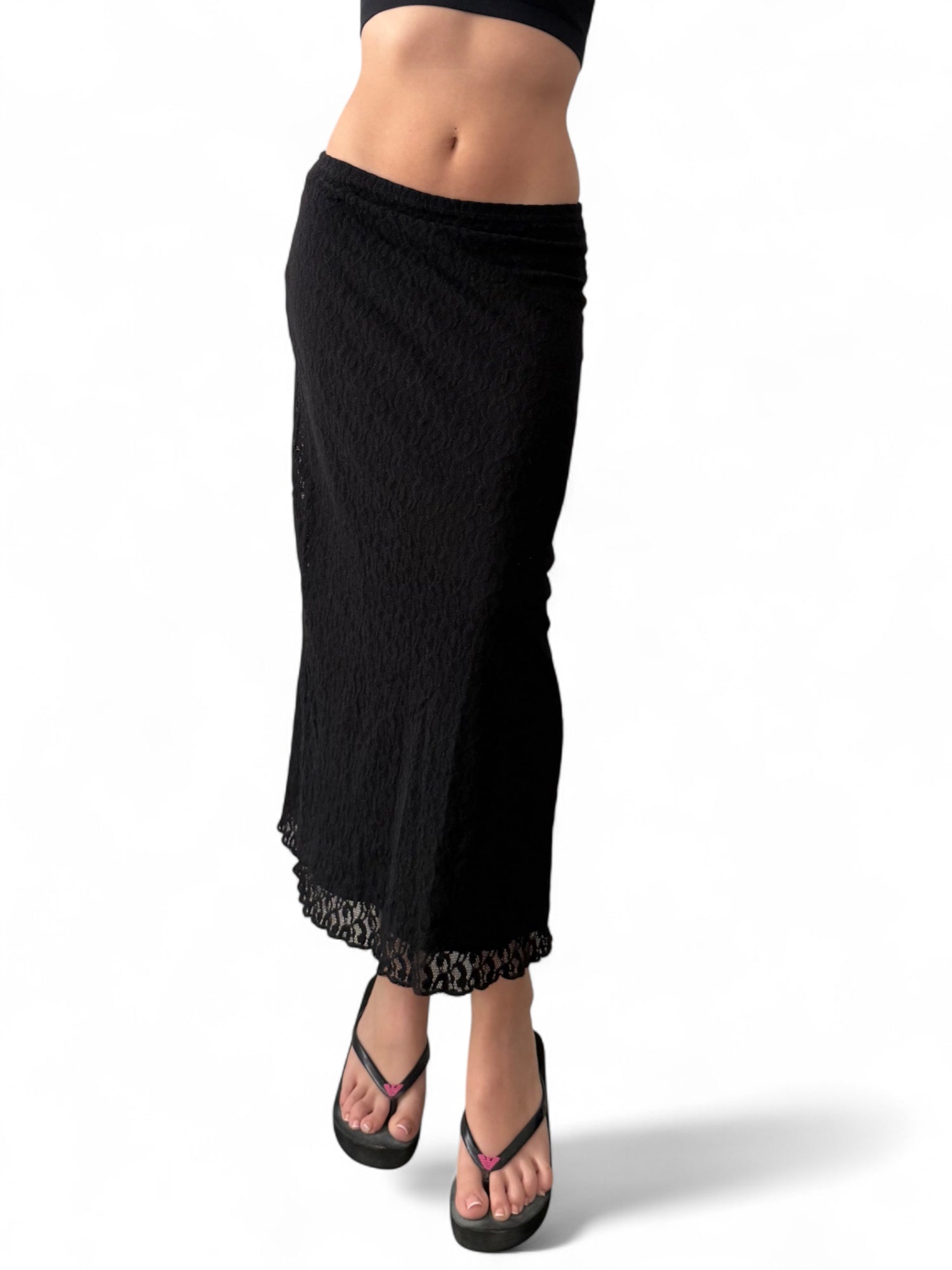 Black lace mesh lined low rise maxi skirt (S)