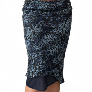Panther print blue mesh lined low rise midi skirt (S)