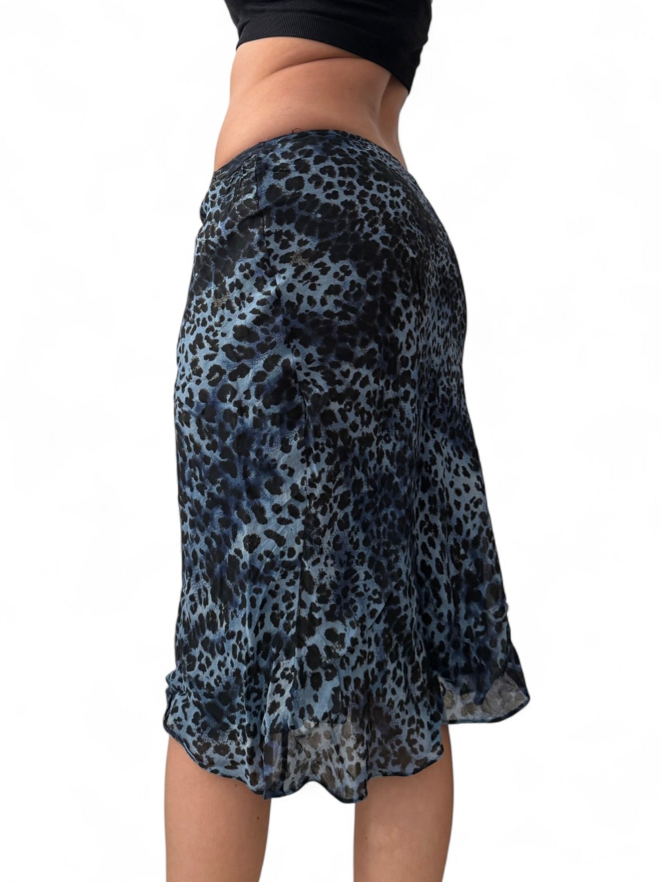 Panther print blue mesh lined low rise midi skirt (S)